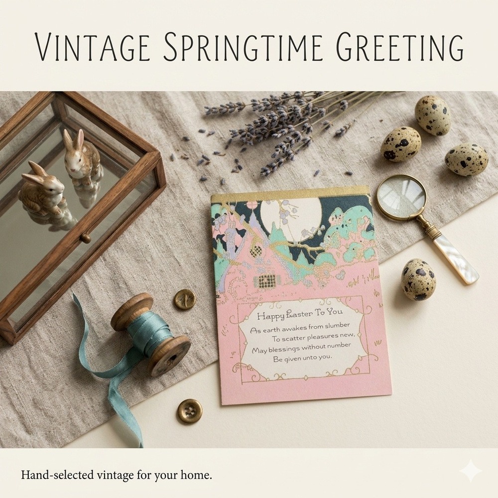 Vintage Easter Greeting Card Gold Foil Cottage Scene Pink Mint Whimsical Card